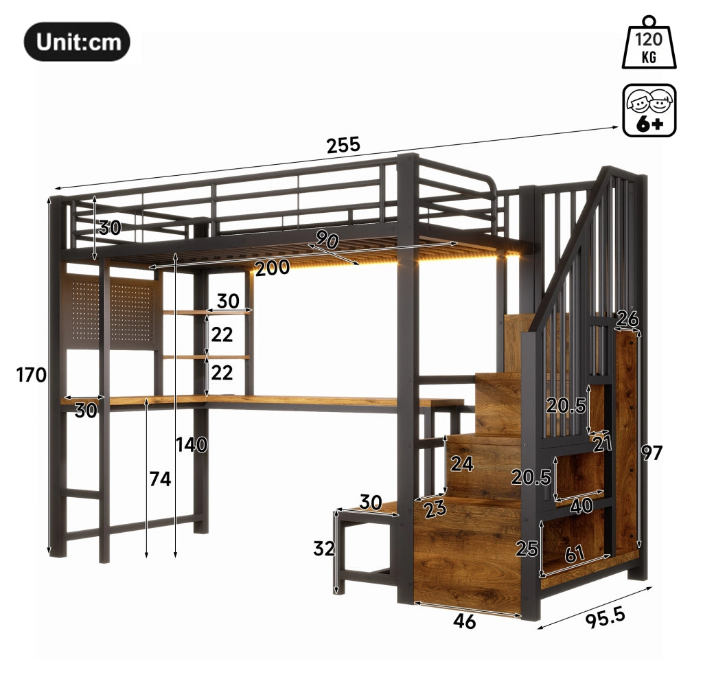 Letto a soppalco 90x200 cm con scrivania, scaffali, armadio scala e LED