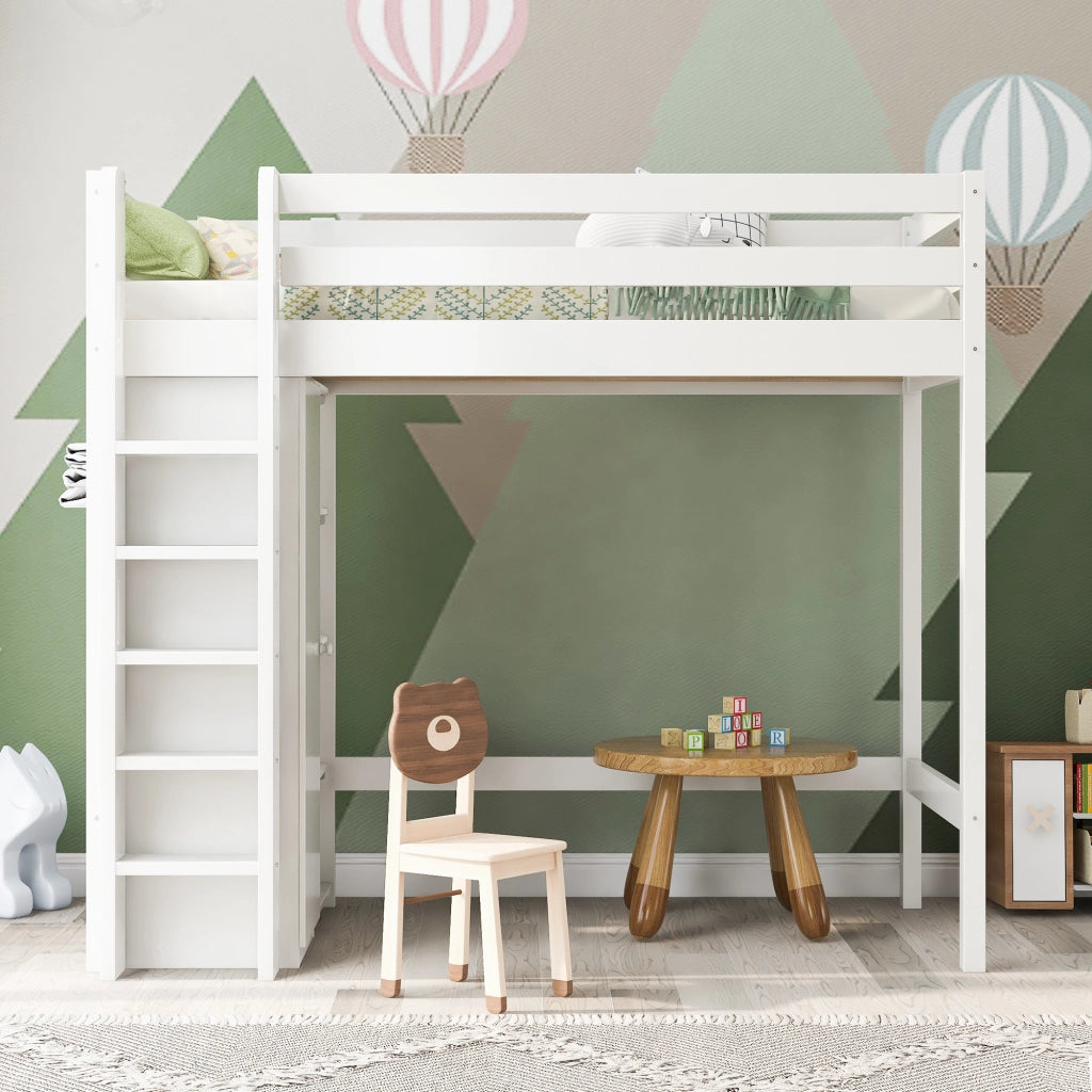 Letto a soppalco per bambini 90x200 cm; bianco con armadio e 6 scaffali