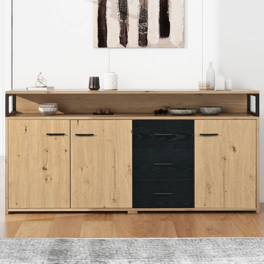 Sideboard moderno 150x35x75;9 cm con 3 porte e 3 cassetti; nero e colore legno
