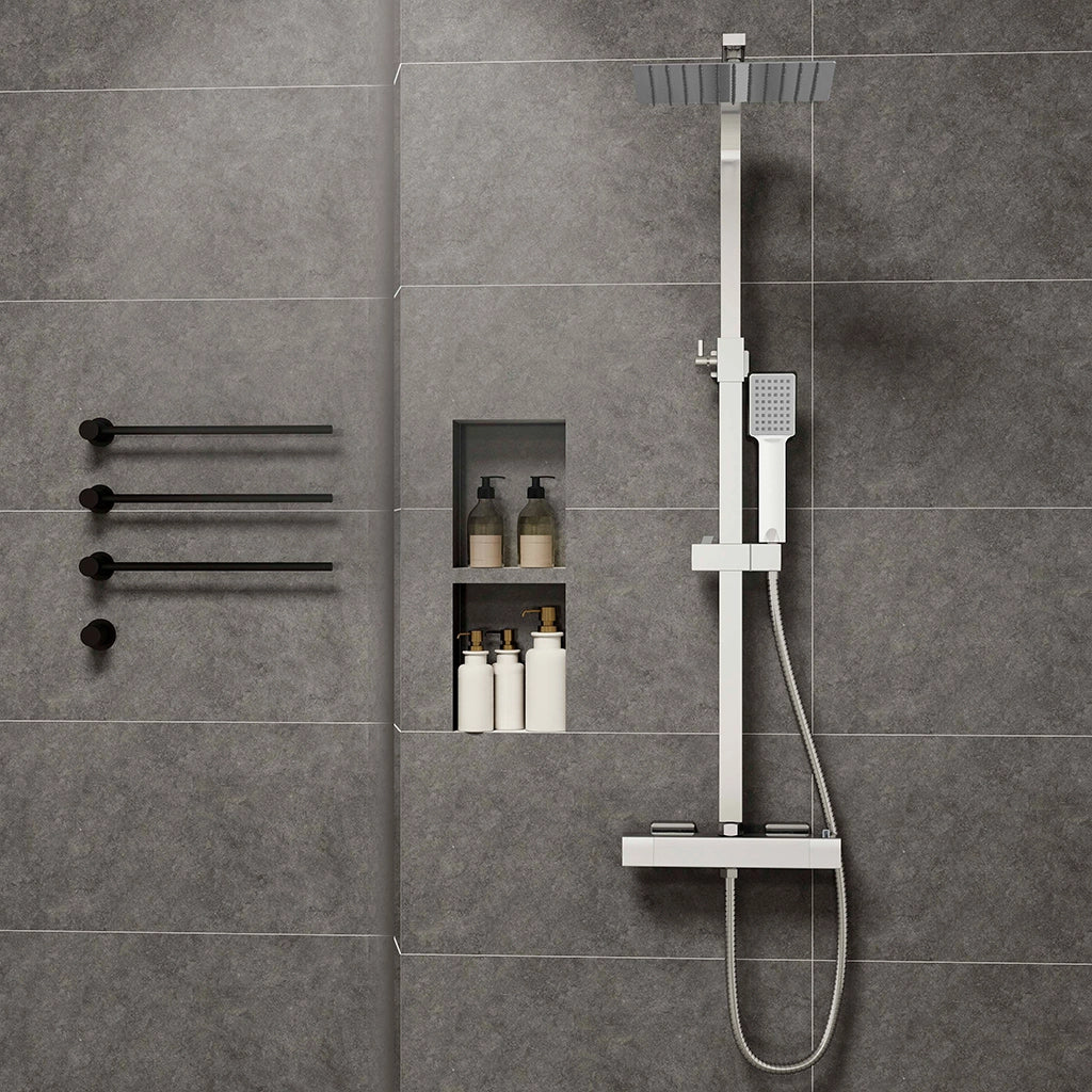 Colonne doccia cromo, soffione doccia quadrato 25x25cm acciaio inox, miscelatore termostatico doccia rettangolo antiscottature