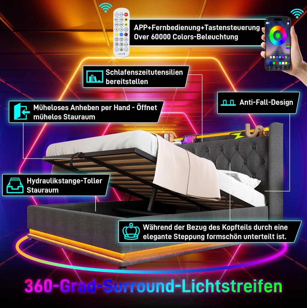 LETTO Contenitore 180x200 cm in lino grigio con LED, USB e Tipo C