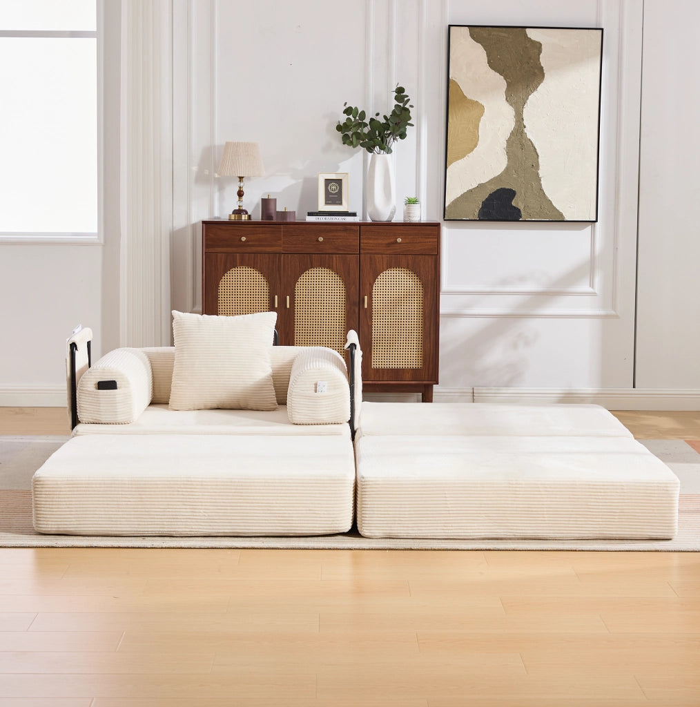 Divano modulare in corduroy beige con pouf, cuscino e tasca laterale