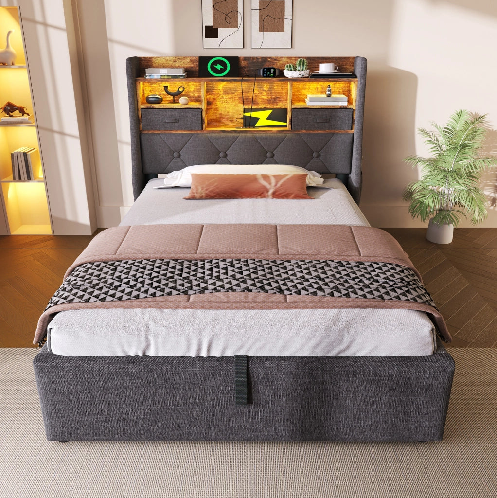 Letto imbottito 90x200 cm con contenitore idraulico, LED e prese USB Type-C, grigio