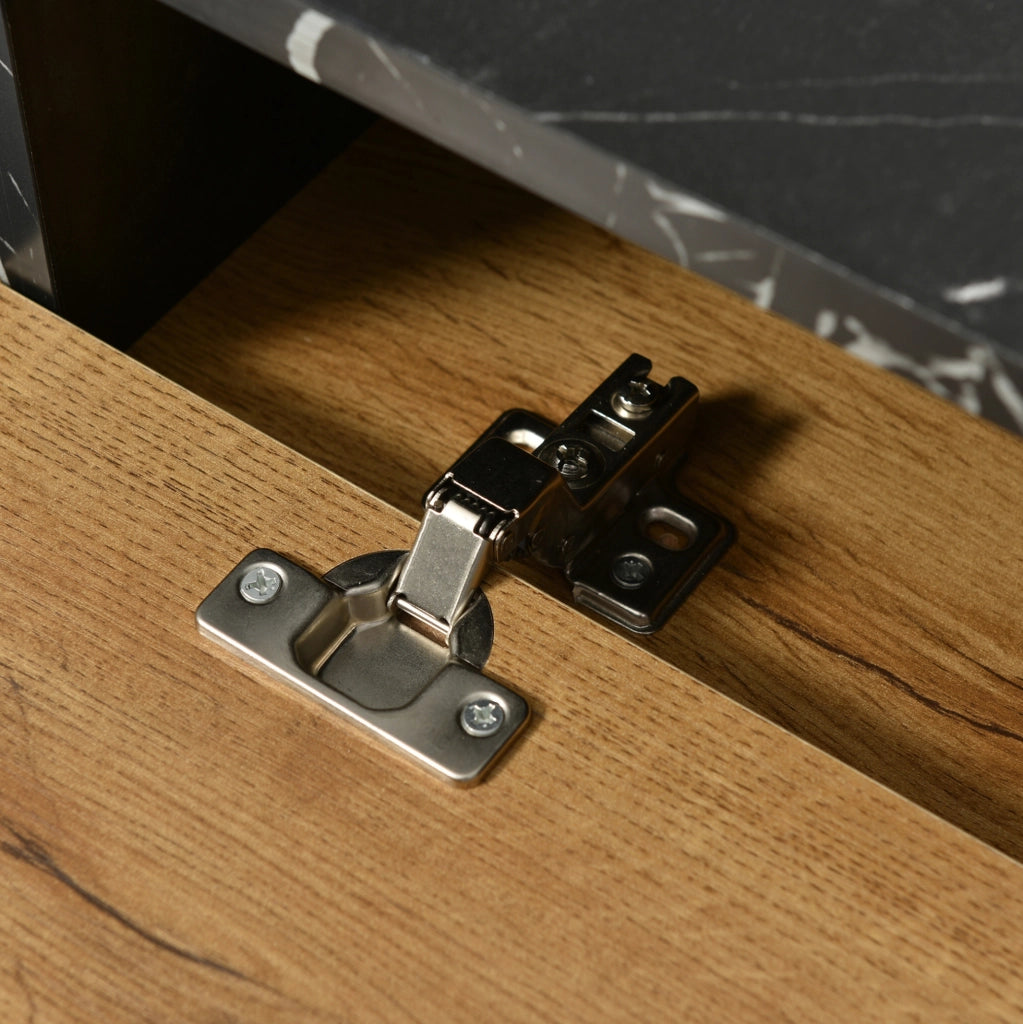 Mobile TV con ripiani in MDF e truciolare, gambe in ferro e design marmo