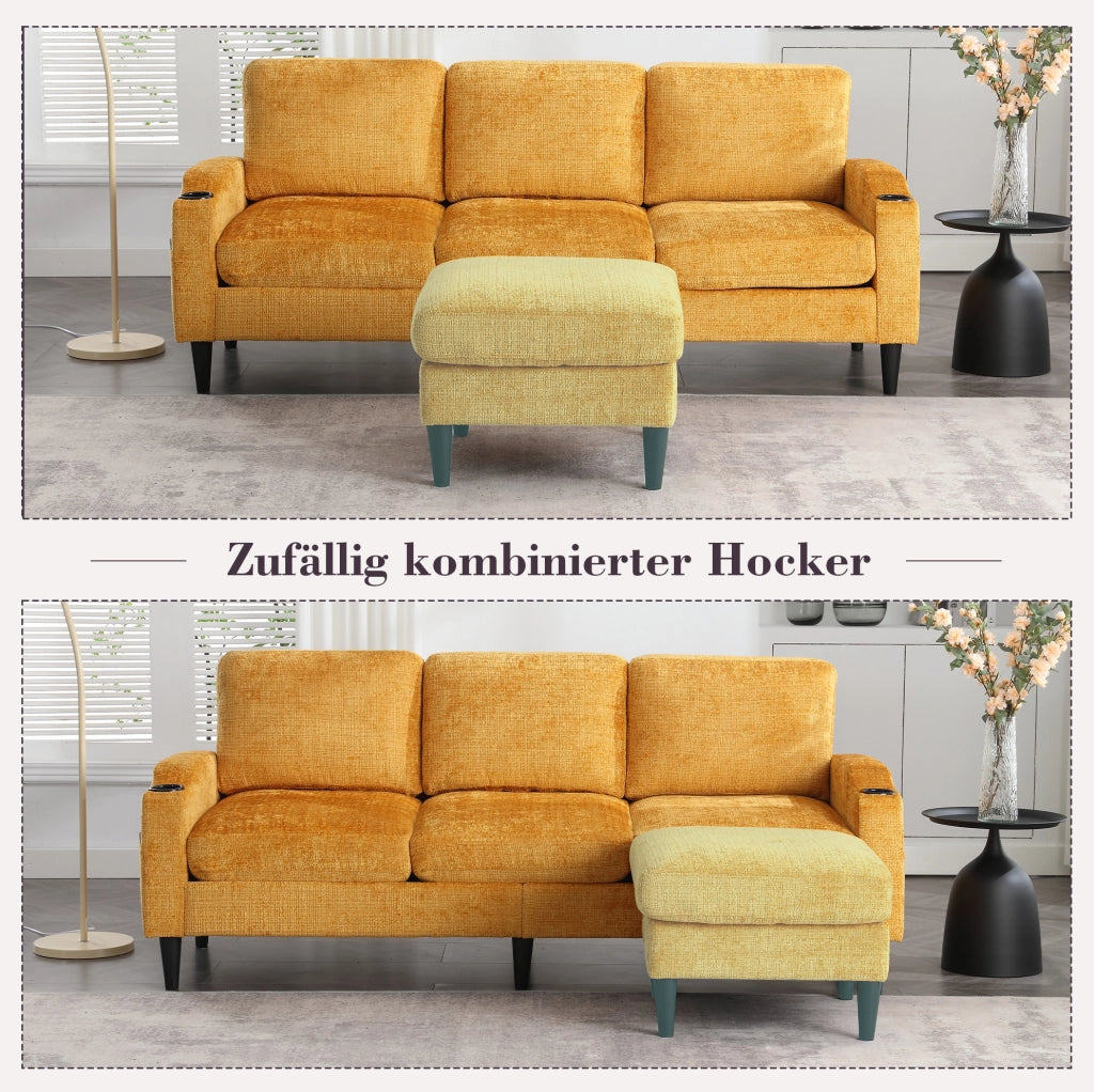 DIVANO 4 POSTI 196,5x75x77 cm in Chenille Giallo con Pouf e Contenitore