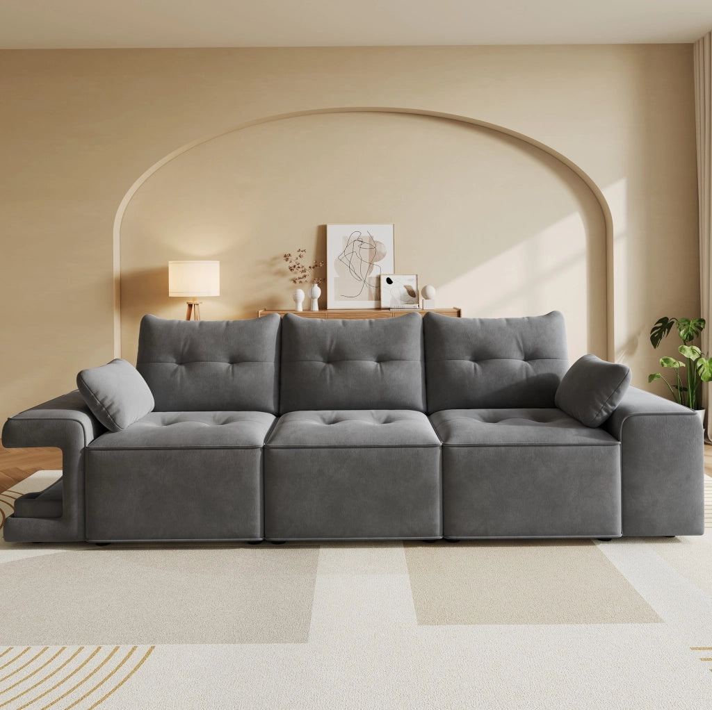 SOFÀ 3 POSTI 229,5x78x84 cm Velluto Grigio con 2 cuscini e vani portaoggetti