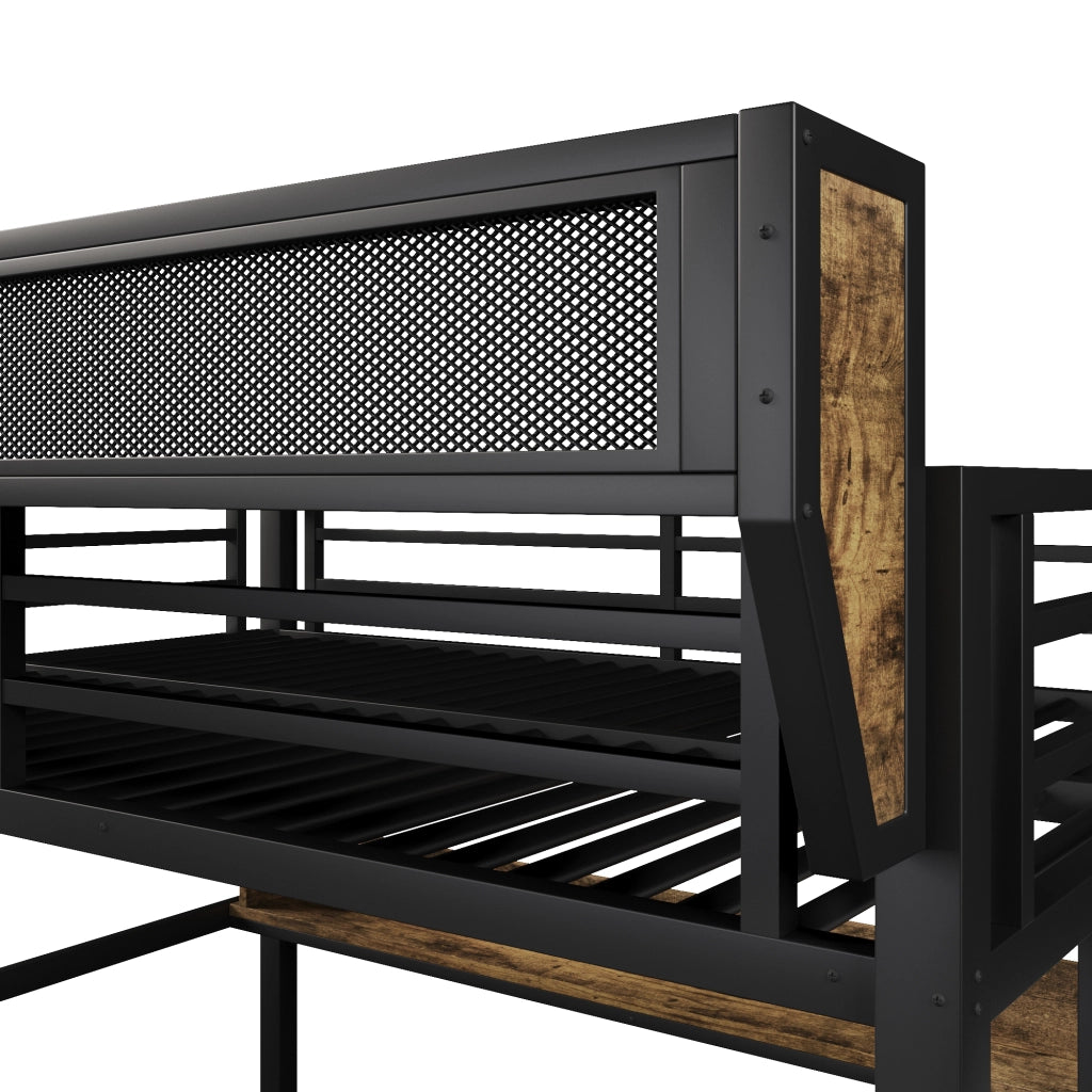 Letto a castello 140 × 200 cm in metallo e MDF nero con LED ripiani cestino e due cassetti