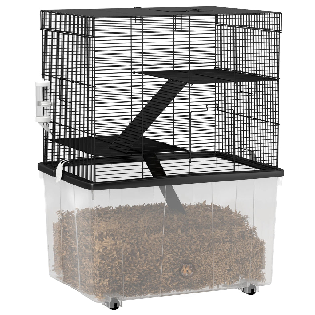 Gabbia per Criceti a 3 Piani 58x43x74 cm con Rampe e Accessori Nero