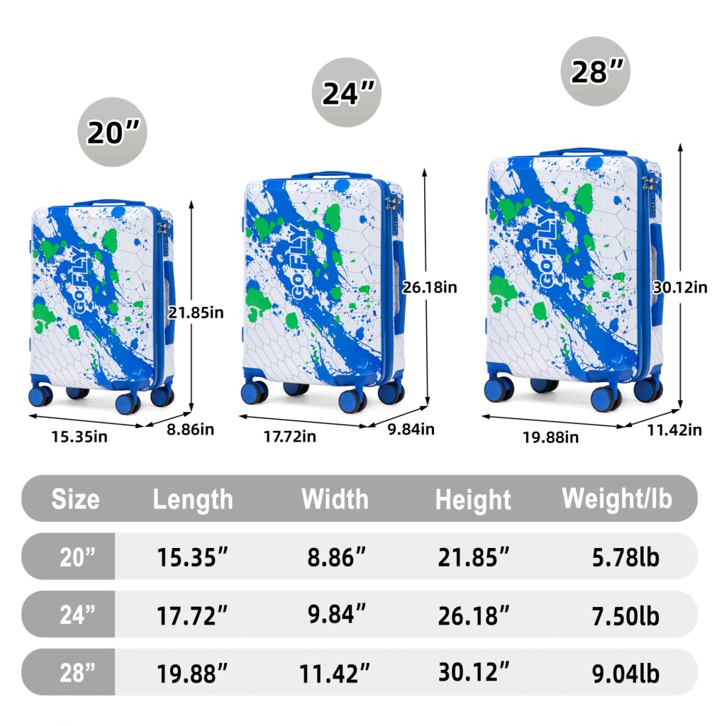 Set Valigie Rigide 3 Pezzi in PC con Stampa a Macchie e Lucchetto a Combinazione, Blu - 20", 24", 28"