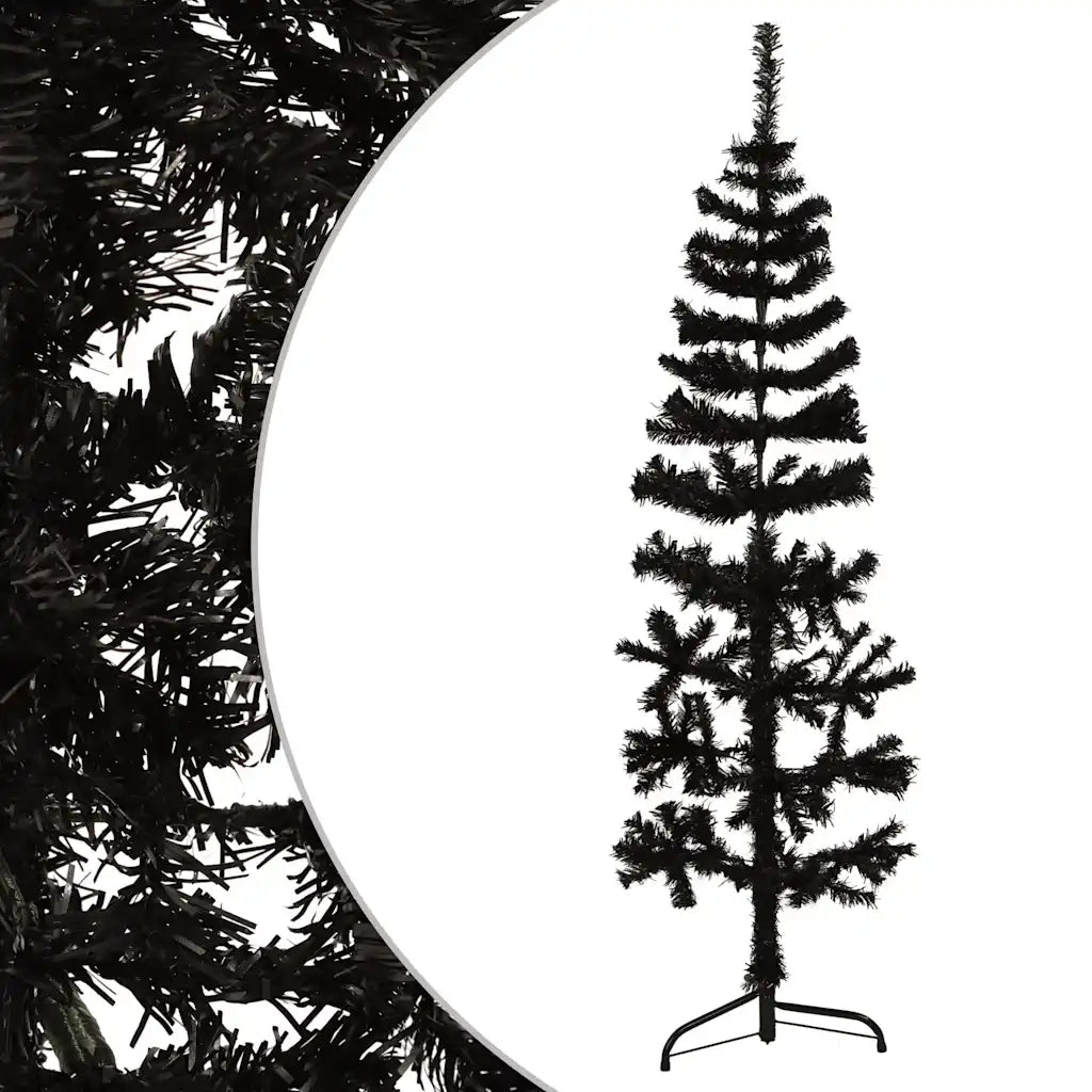 Albero Natale Artificiale Sottile a Met¨¤ e Supporto-Albero Natalizio Nero 120 cm