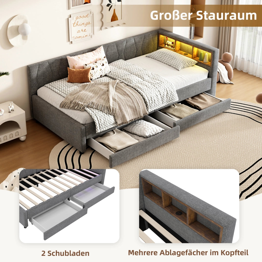 Letto singolo a divano 90 × 200 cm con rete a doghe in lino e MDF grigio con cassetti e LED