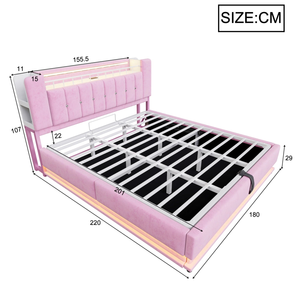 Letto matrimoniale imbottito 180x200 cm con LED, USB e contenitore, rosa
