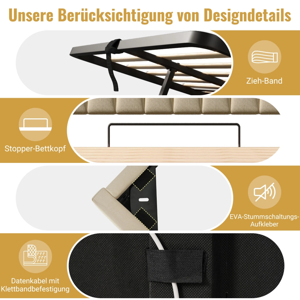 Letto contenitore 180x200 cm con LED; testiera a ripiani; 3 USB e Type-C; tessuto beige