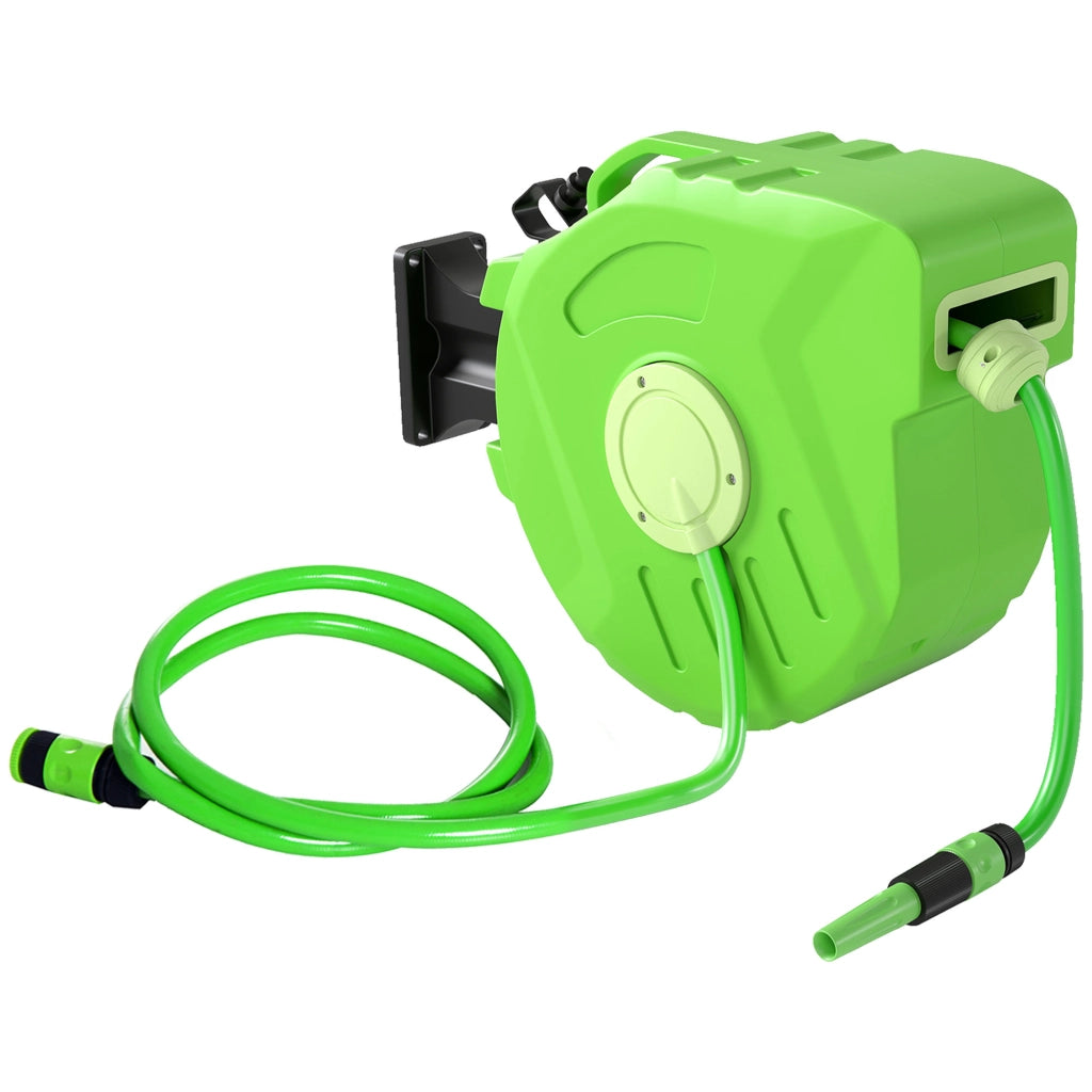 Avvolgitubo da Parete Automatico 15 m, Tubo da Giardino Retrattile Girevole a 180° in Plastica per Irrigazione, Verde