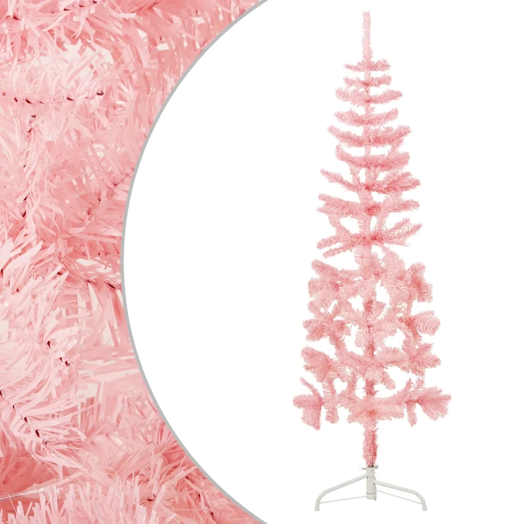 Albero Natale Artificiale Sottile a Met¨¤ e Supporto-Albero Natalizio Rosa 180 cm