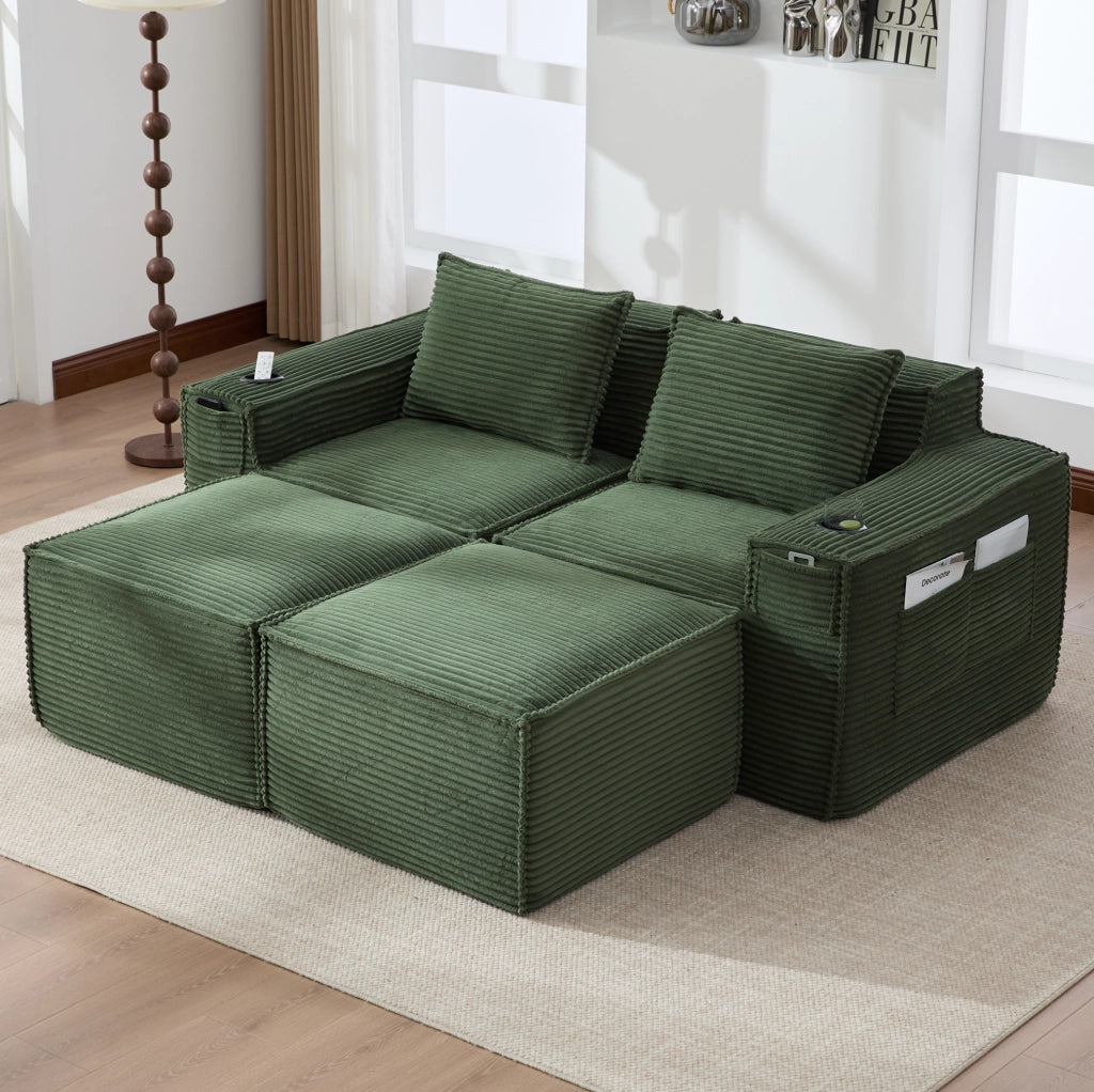 Divano modulare 2 posti con pouf, porta bicchieri e tasche laterali, verde