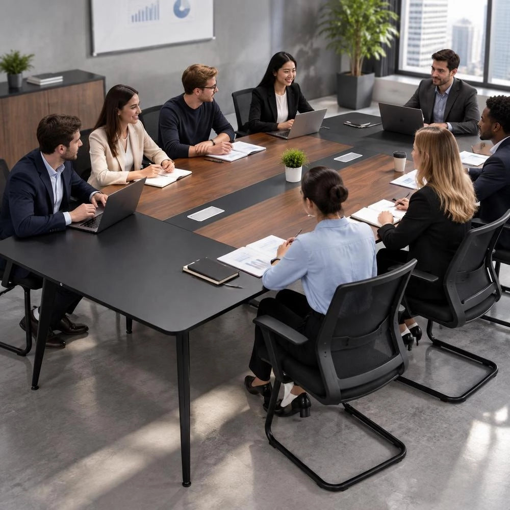 Conference Table, 2400 Mm Boat Shaped Office Meeting Table For 10 Person, Modern Large Boat Meeting Desk With Metal Legs, For Office, Boardroom, Conference Room, Easy Assembly, Black & Brown