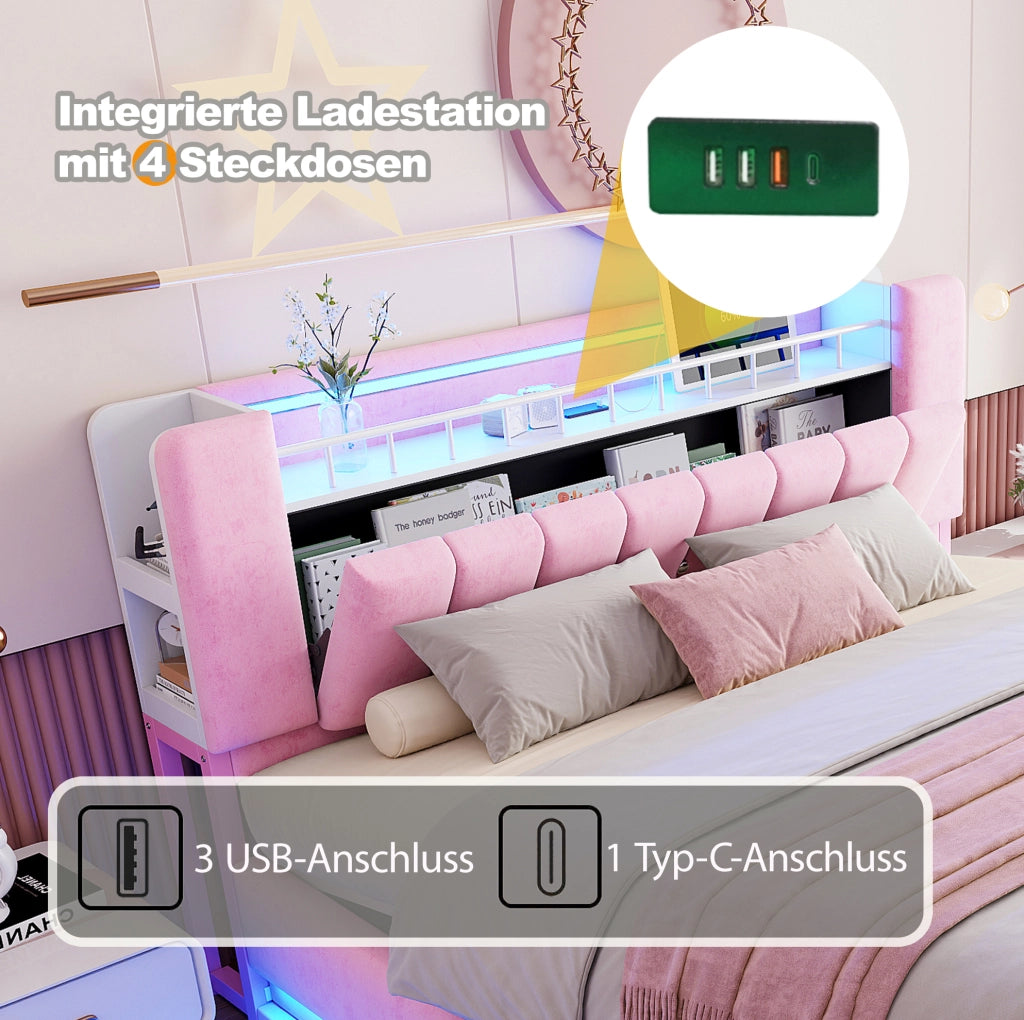 Letto matrimoniale imbottito 180x200 cm con LED, USB e contenitore, rosa