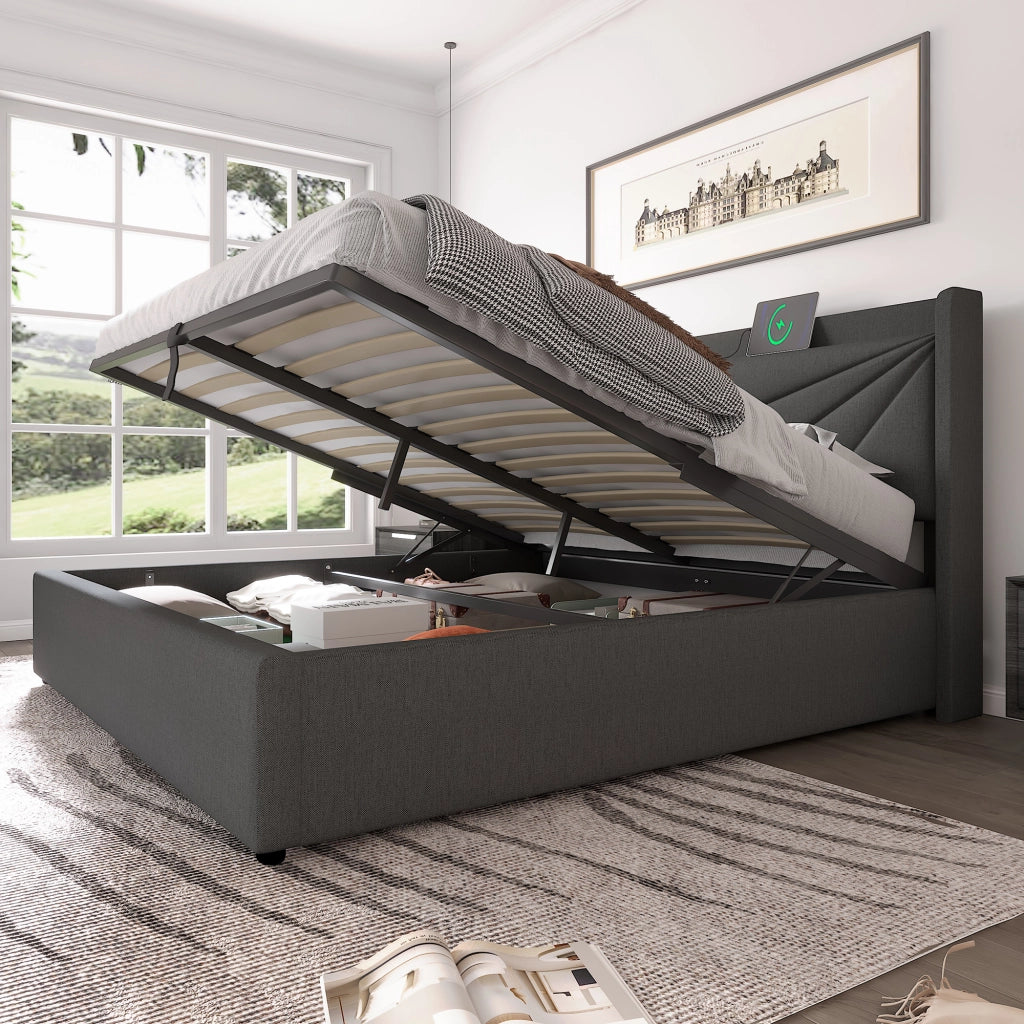 Letto matrimoniale contenitore 180x200 grigio con testiera USB e Tipo C