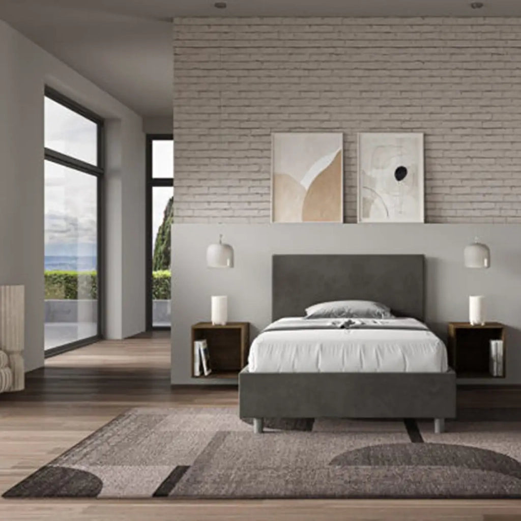 Letto una piazza e mezza con rete imbottito 120x210 microfibra grigio Adele