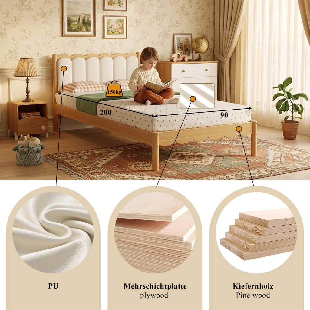 Letto imbottito per bambini con testiera in PU e doghe, 90x200 cm, beige