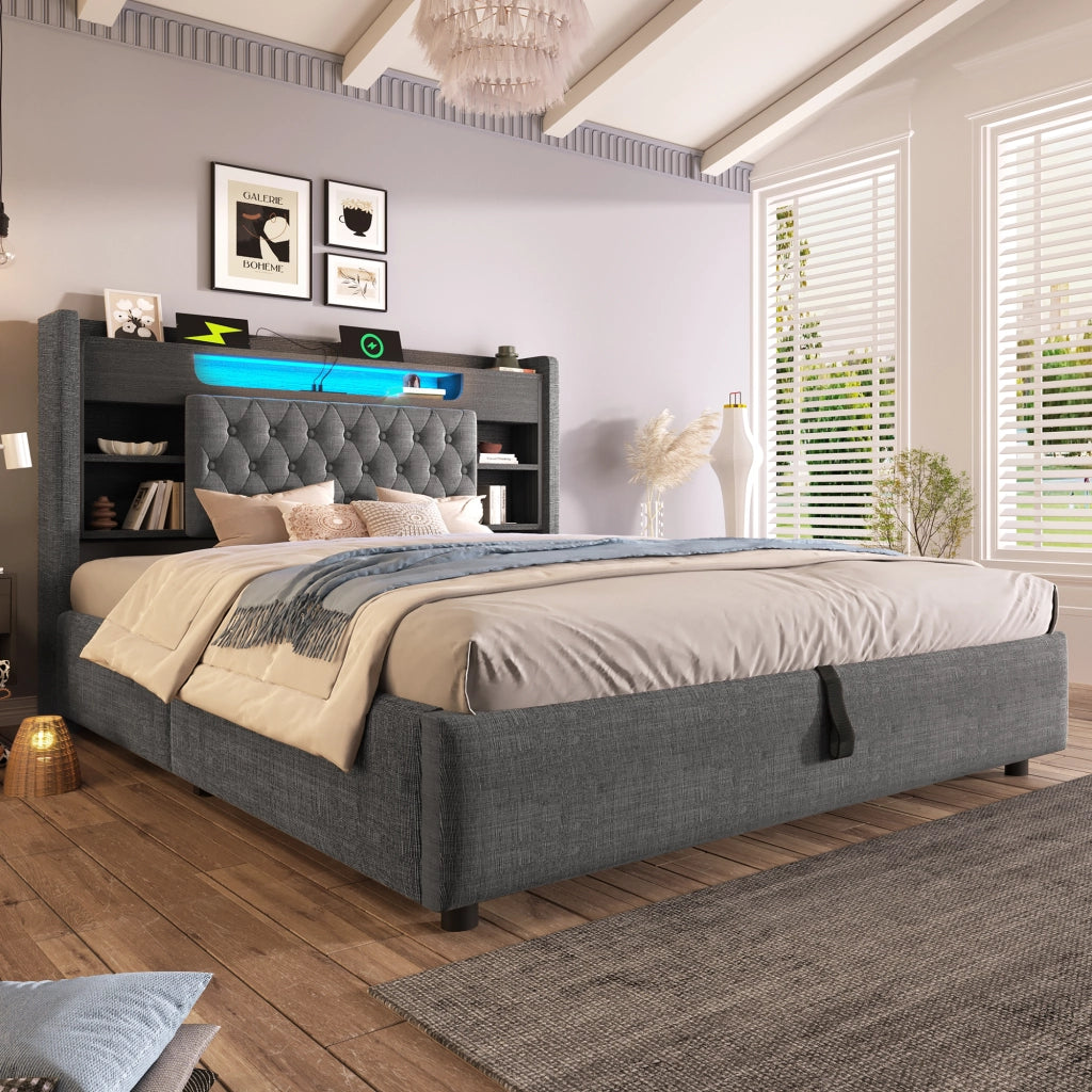Letto contenitore 180×200 cm con LED; USB; USB-C e vani; senza materasso; grigio