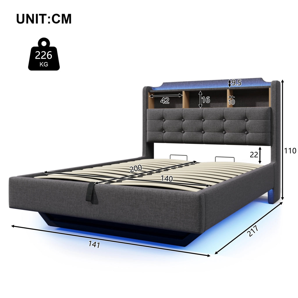 Letto imbottito 140 ¡Á 200 cm con vano idraulico LED USB e tipo C in lino e MDF grigio