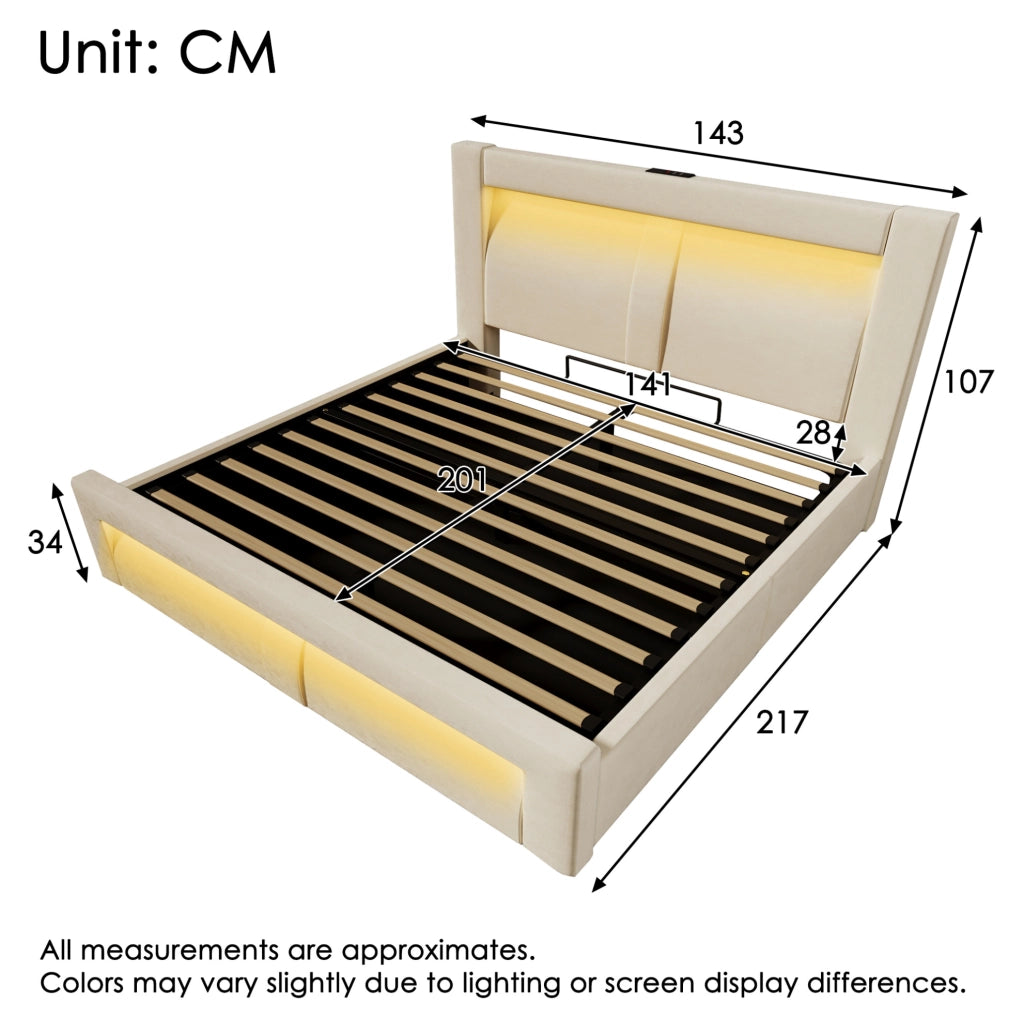 Letto contenitore 140x200 cm LED USB Type-C in velluto beige