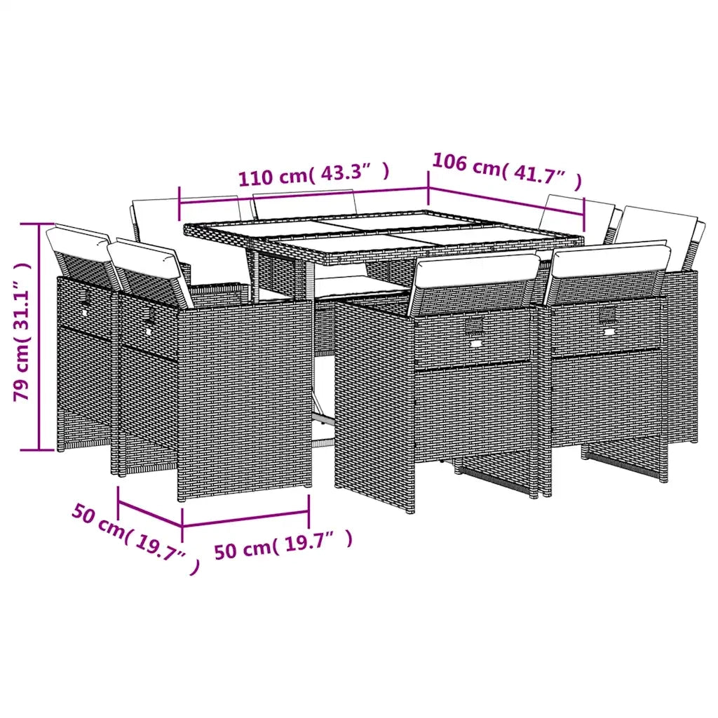 Set da Pranzo da Giardino 9 pz con Cuscini Beige in Polyrattan 3277791