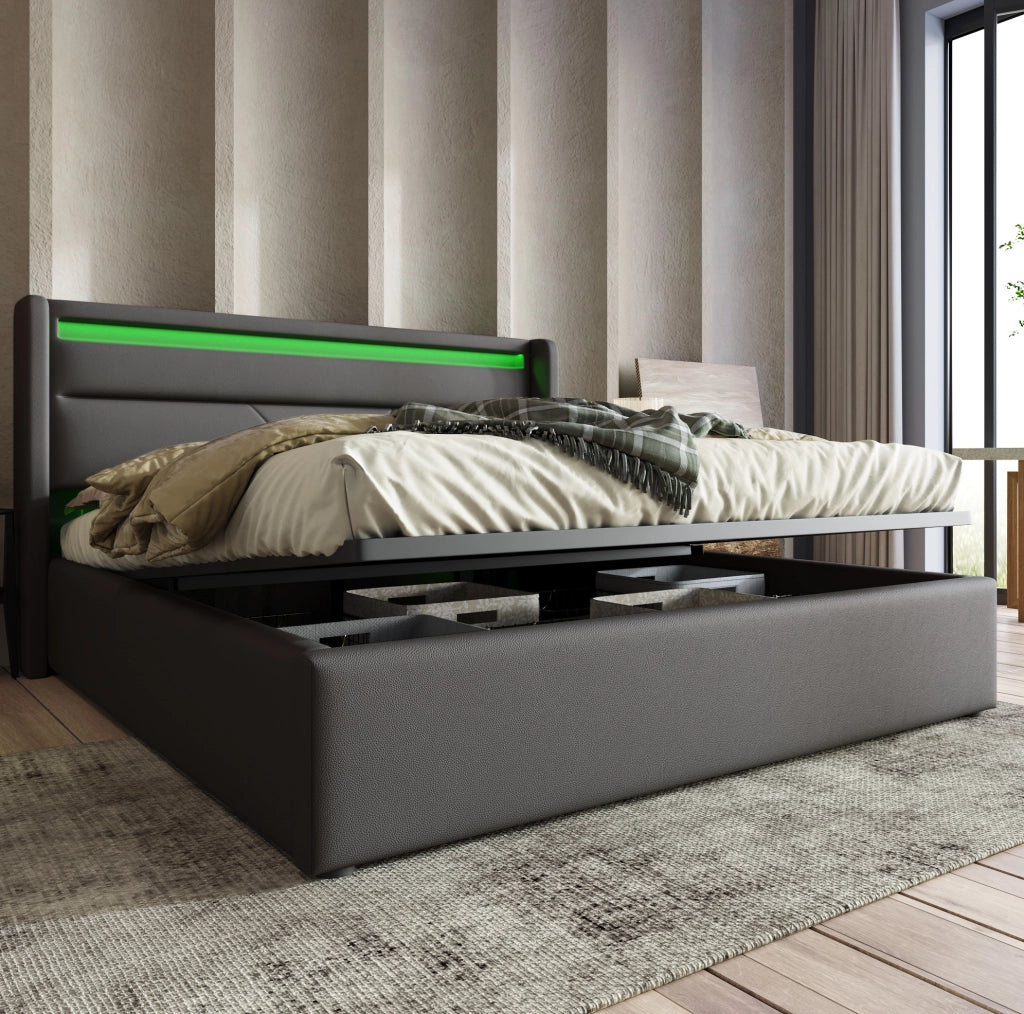 LETTO Contenitore 140x200 cm in PU Grigio con LED e telecomando
