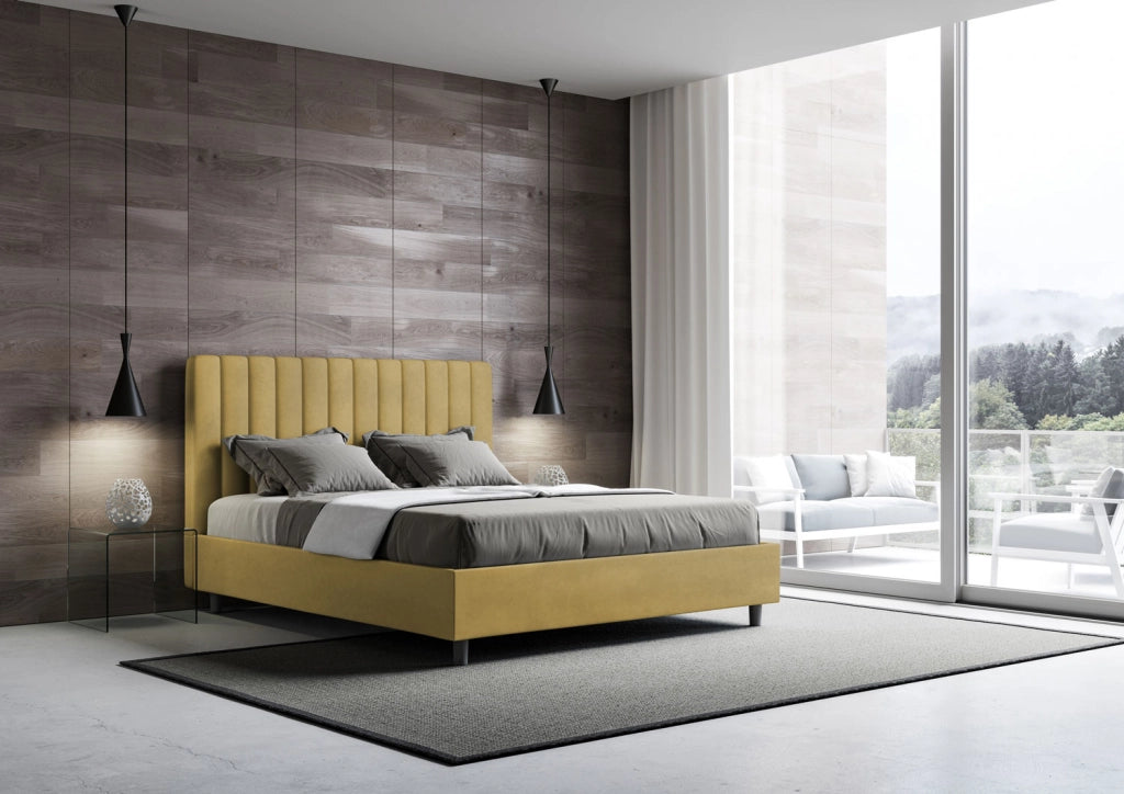 Letto 1 Piazza E Mezzo 130x190 cm con Rete Imbottito in Microfibra Agueda Ocra