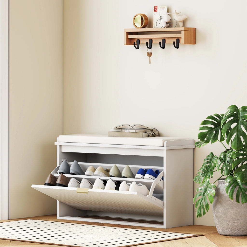 EasyComfort Panca Scarpiera con Ripiano Interno, in Legno e Tessuto Effetto Lino, 80x26x47.5 cm, Bianca e Beige