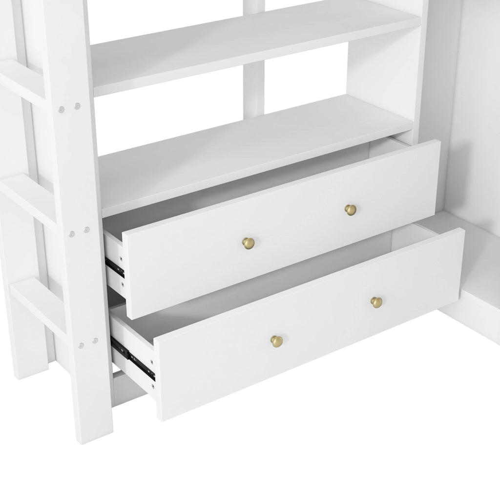 Letto a soppalco 140x200 cm con scrivania; LED; USB; 2 cassetti e ripiani; bianco