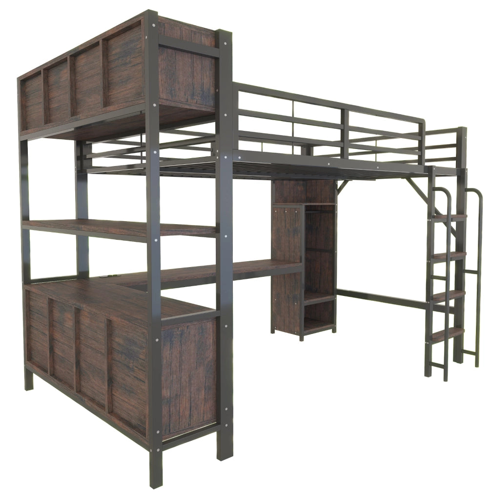 Letto a soppalco ULEVR 140x200 cm con scrivania, armadio, LED e prese UE, nero