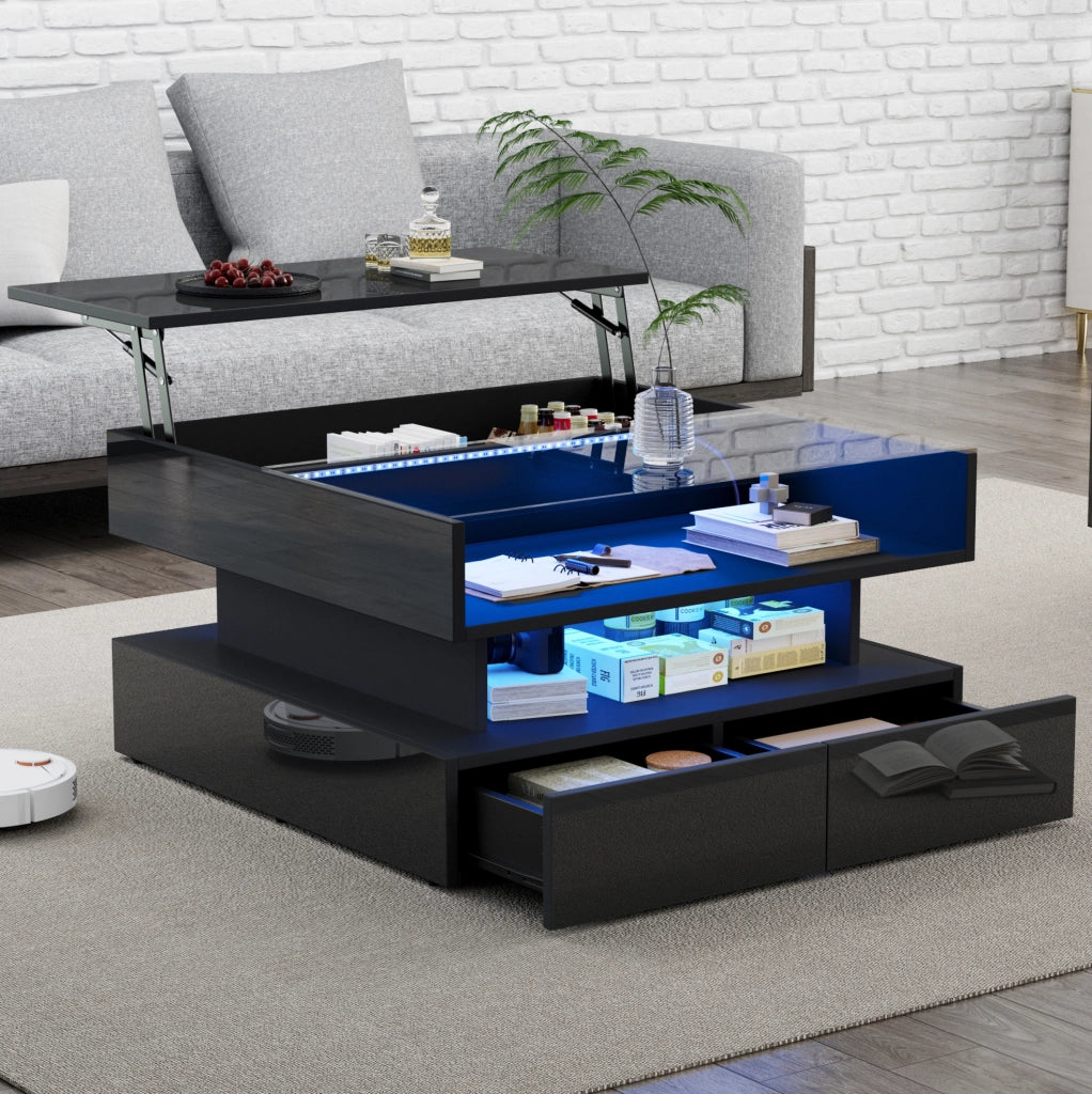 TAVOLINO da caffè 80x80x45 cm nero con LED e 2 cassetti