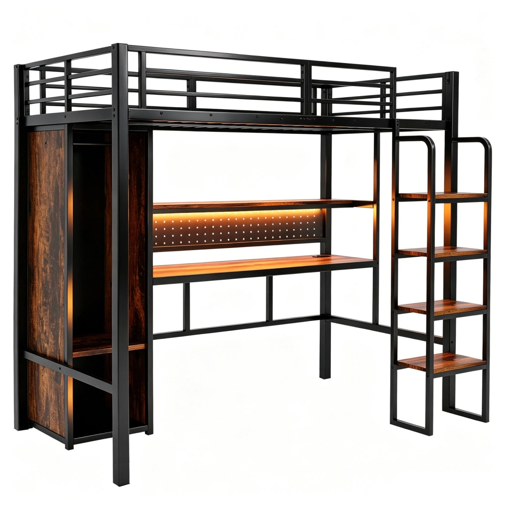 Letto a soppalco multifunzionale 90x200 cm con armadio; scrivania e LED; metallo e MDF