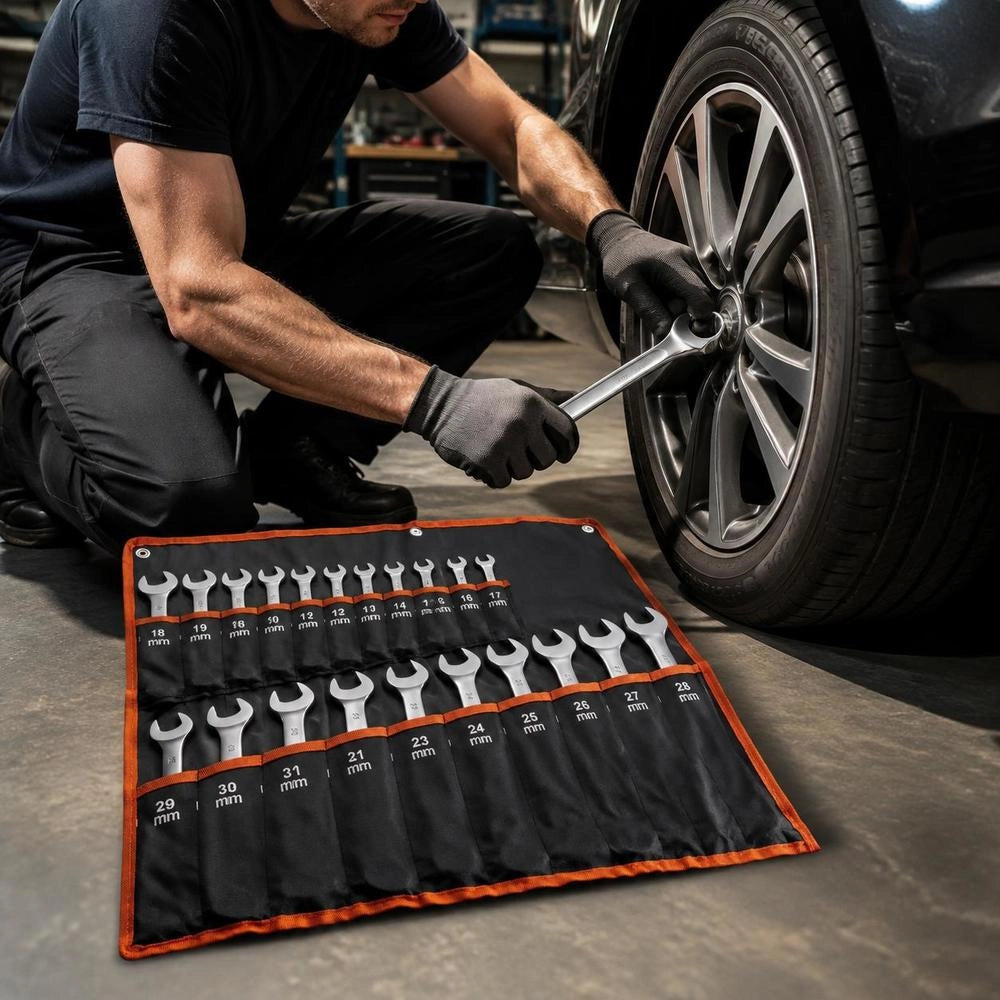 25-piece Ratchet Wrench Set With Roll-up Pouch, Carbon Steel Wrench Set, Metric Sizes 6 Mm To 32 Mm, Ideal For Household, Car Repairs, Workshop, Garage, And Emergencies