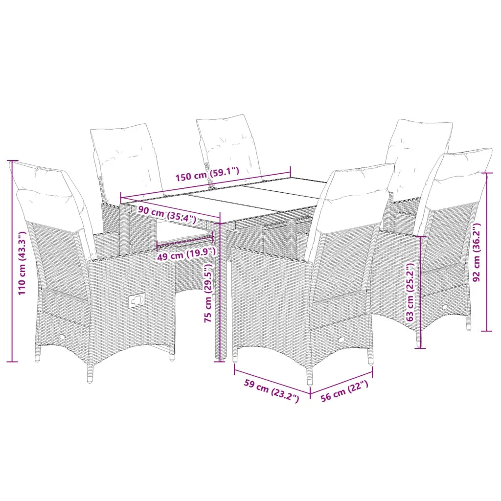 Set da Pranzo da Giardino 7 pz Nero con Cuscini in Polyrattan 3276684