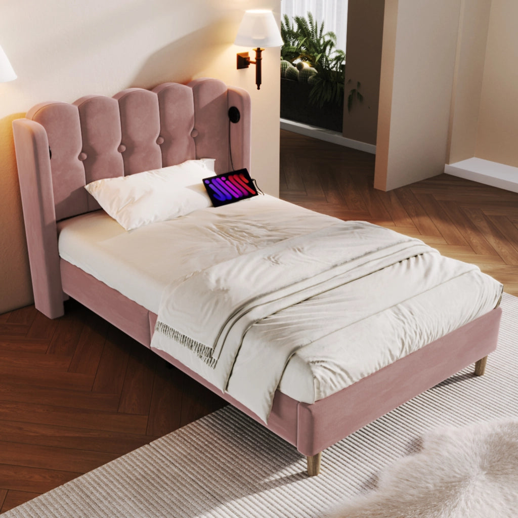 LETTO singolo 90x200 cm in velluto rosa con USB e Type-C