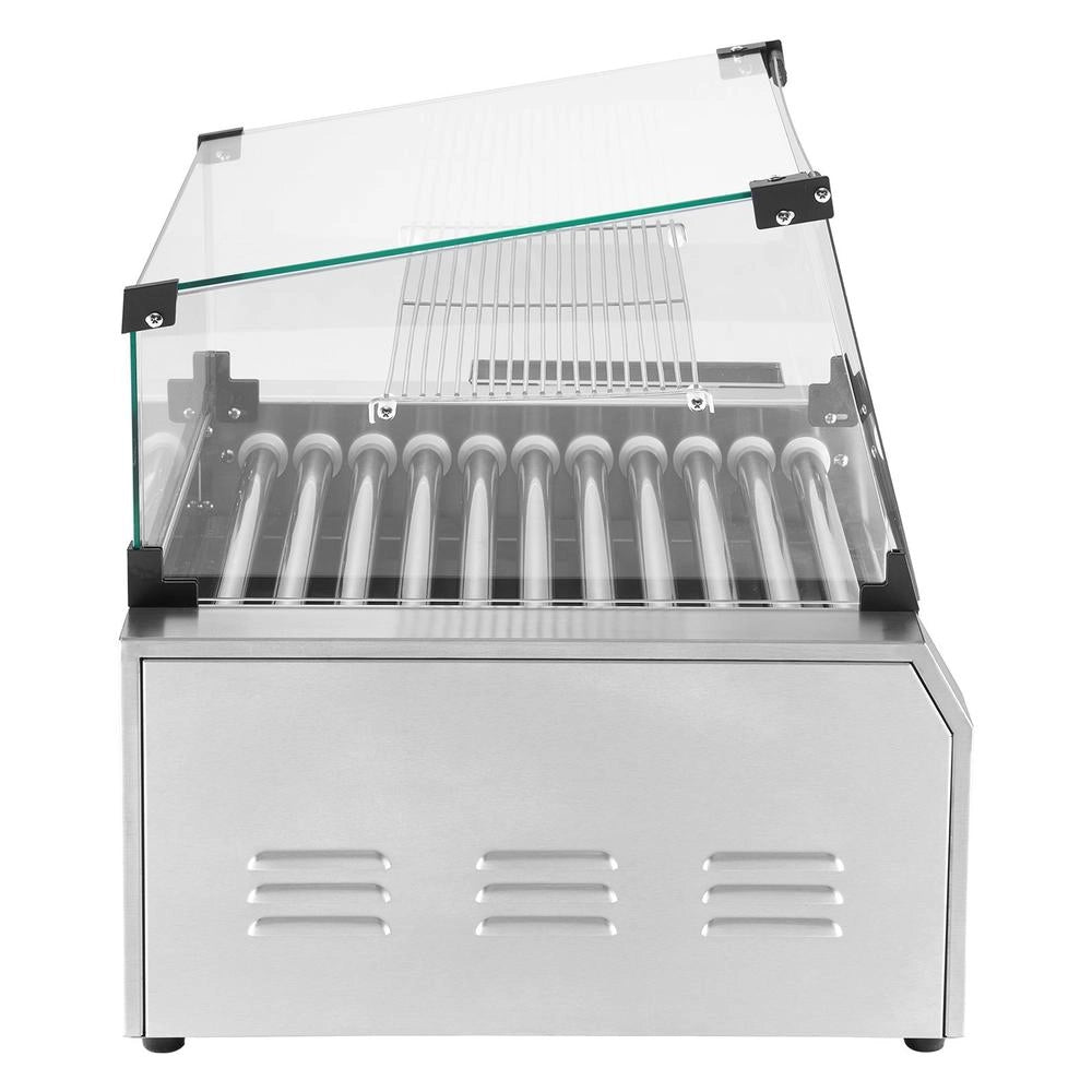 Hot Dog Grill Machine, 30 Hot Dogs, 11 Rollers, Stainless Steel, 2400 W, Electric Grill With Bun Warmer & Cover (Glass + PC) & 3 Temperature Controls & Side Storage Box & Oil Drip Tray