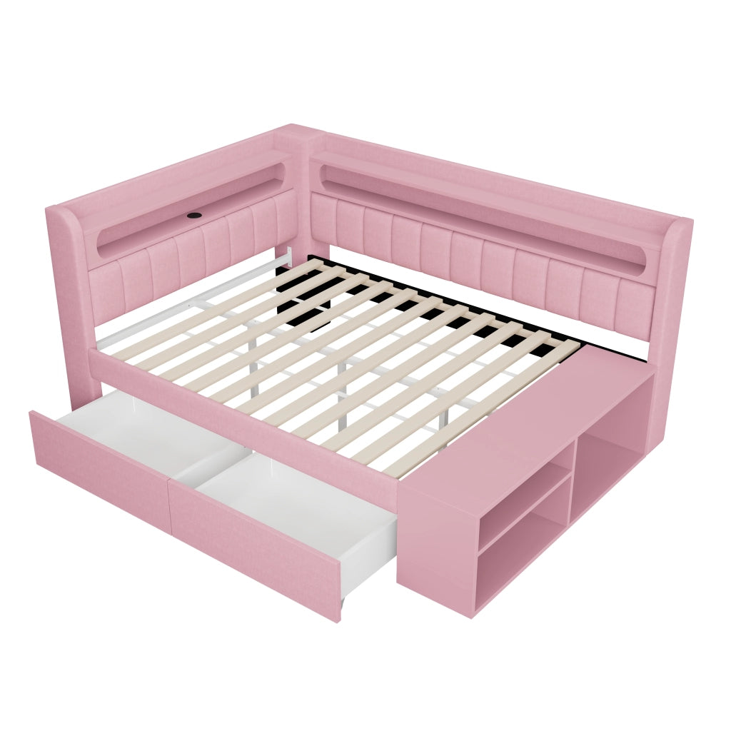 Letto imbottito rosa 90x200 cm con presa USB integrata; luci LED e contenitori