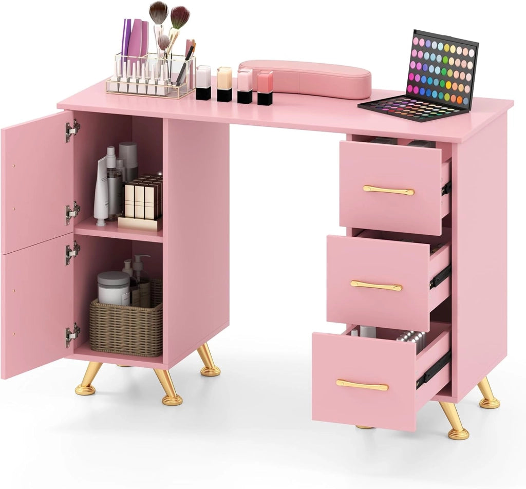 Tavolo per Manicure, Tavolo per Unghie con Cassetti, Cuscino Poggia Polsi e Gambe in Metallo, Stazione per Unghie Estetista Nail Art per Salone di Bellezza (Rosa)