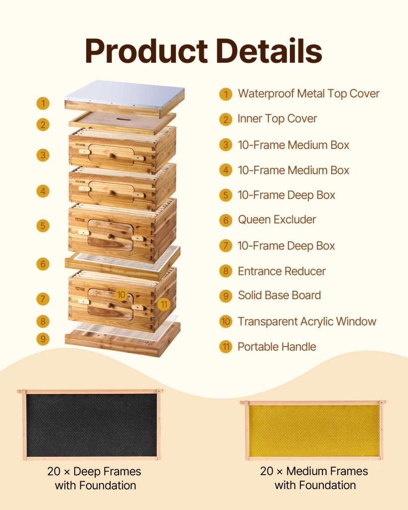 Kit Arnia Langstroth FX2+2 40 Telaini in Legno di Cedro con Cera d'Api per Apicoltura 2 Scatole Profonde 2 Medie Finestre Acrilico Robusto