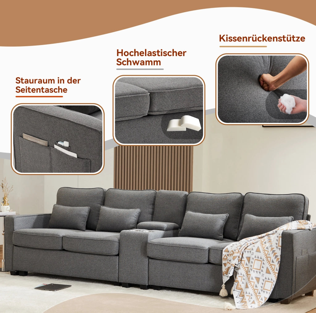 SOFA 4 posti 290x83x88 cm in lino grigio scuro con console, USB e 4 cuscini