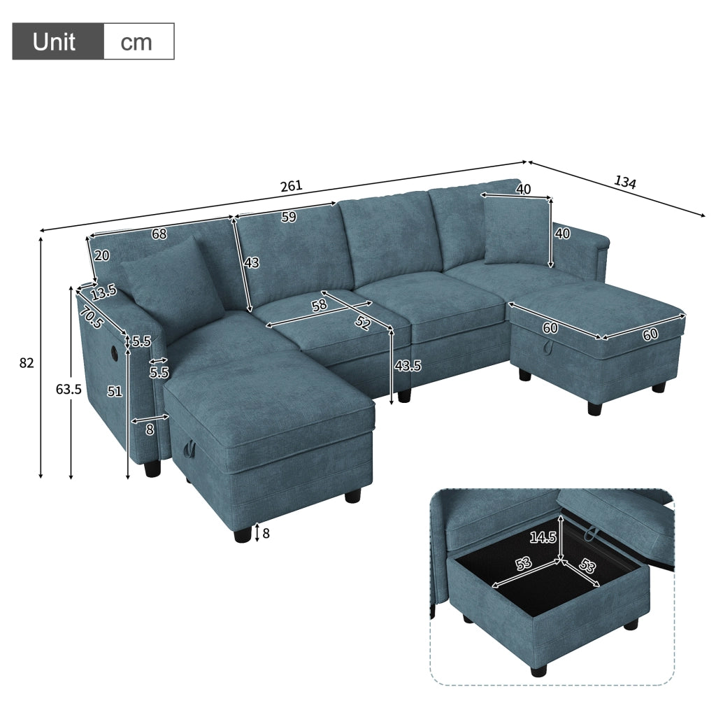 Divano modulare blu in ciniglia 261x134x82 cm con 2 pouf contenitore; USB e Type-C