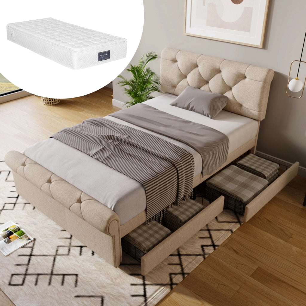 Letto singolo 90x200 cm imbottito con due cassetti