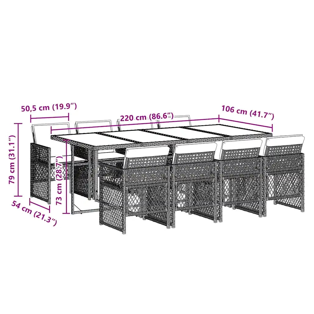 Set Pranzo da Giardino 9pz con Cuscini Grigio Chiaro Polyrattan 3210743