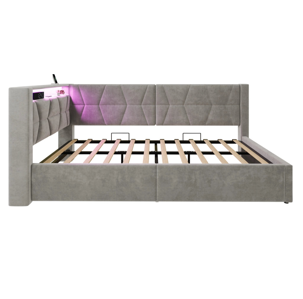 Letto imbottito 90x200 cm con contenitore, LED, USB e Type-C, velluto grigio scuro