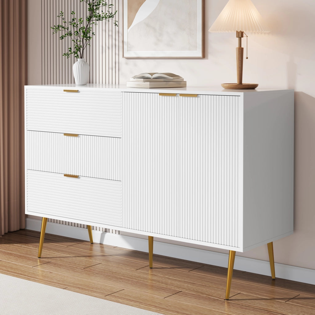 Sideboard moderno 120 x 38 x 80;5 cm in MDF bianco e oro con 3 cassetti e 2 ante