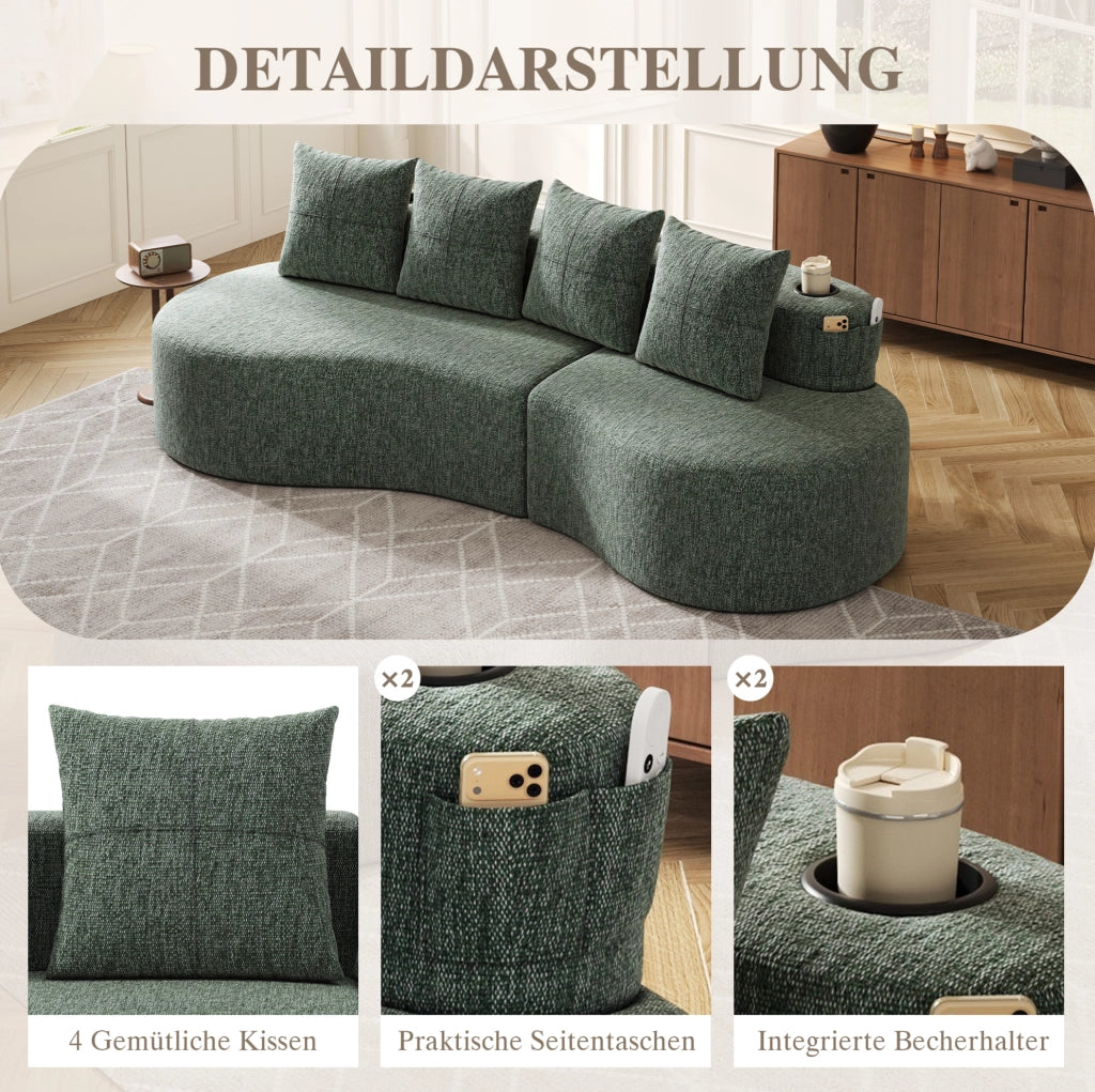 DIVANO in lino 240x109x63 cm verde con 4 cuscini